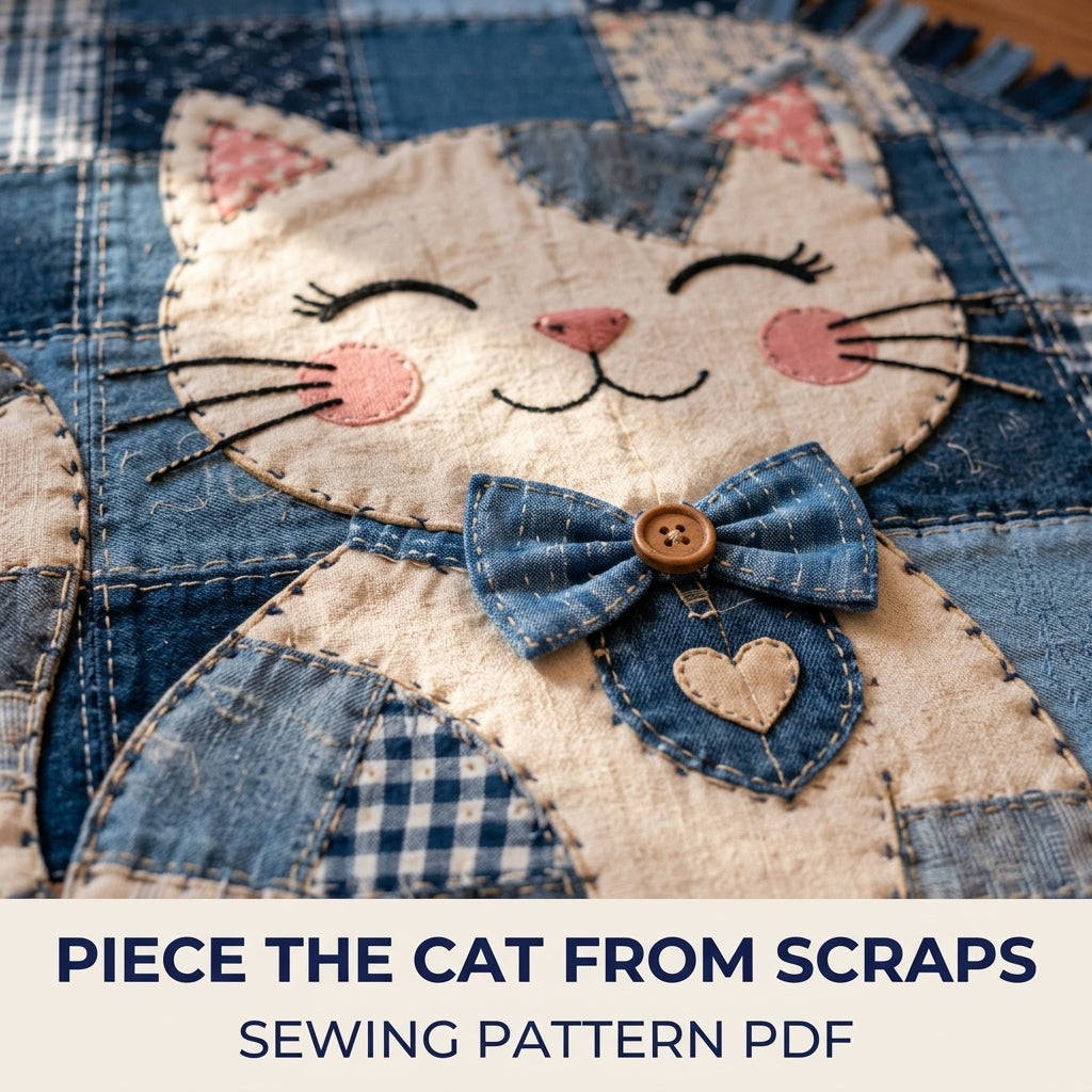 Denim Patchwork Cat Round Rug Sewing Pattern PDF – Upcycled Jeans Cat Rug