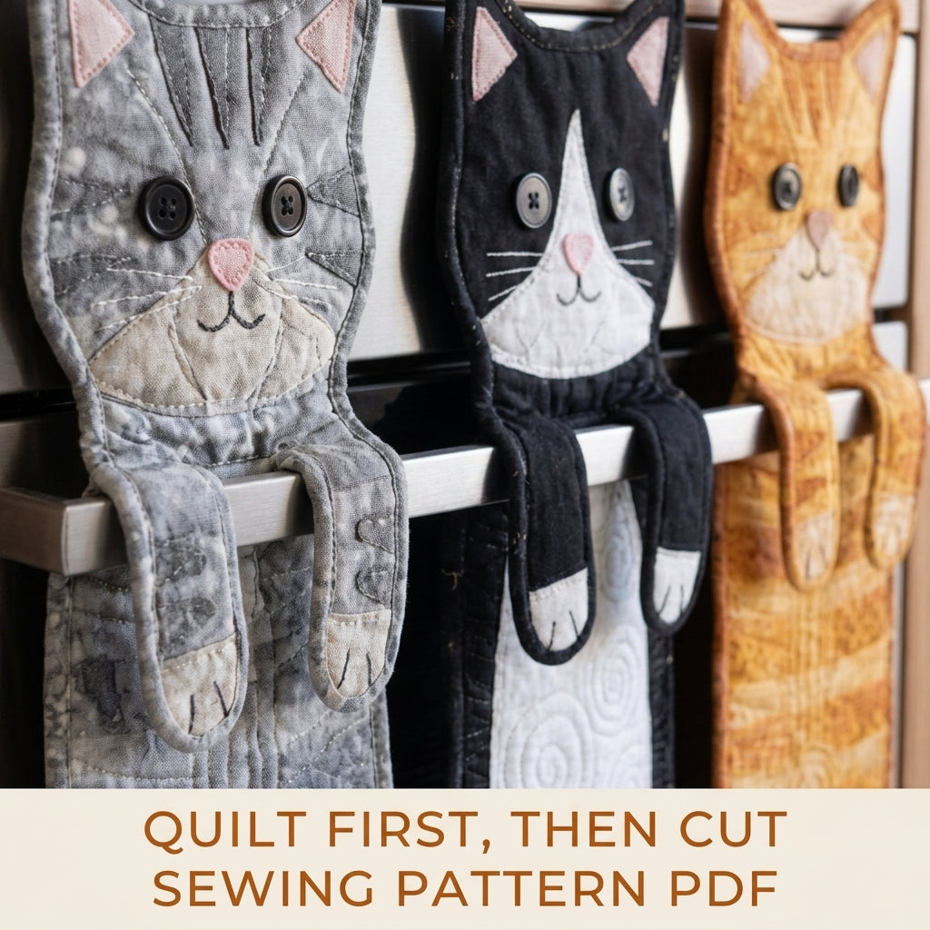 Quilted Cat Oven Towels Sewing Pattern PDF – Hanging Cat Kitchen Towels