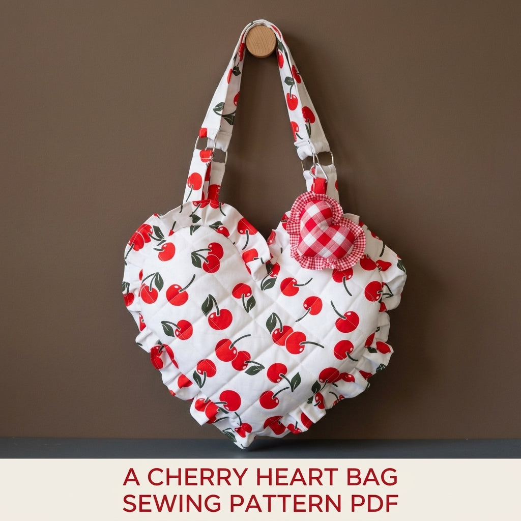 Cherry Quilted Heart Bag Sewing Pattern PDF – Heart Shoulder Bag with Ruffle and Charm