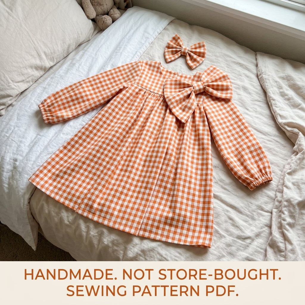 Girls Gingham Bow Dress Sewing Pattern PDF – Gingham Dress with Big Bow
