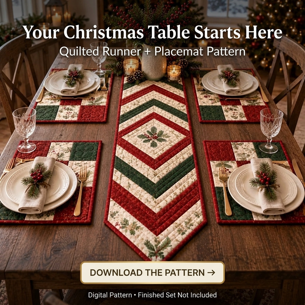 Christmas Table Runner & Placemats Quilt Pattern | Chevron Strip-Pieced Set of 5 | Beginner Quilting Project | PDF Instant Download