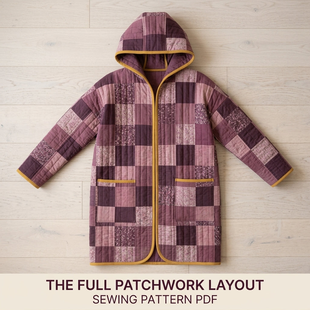 Hooded Quilted Coat Sewing Pattern PDF – Knee-Length Patchwork Quilt Coat with Bias Binding
