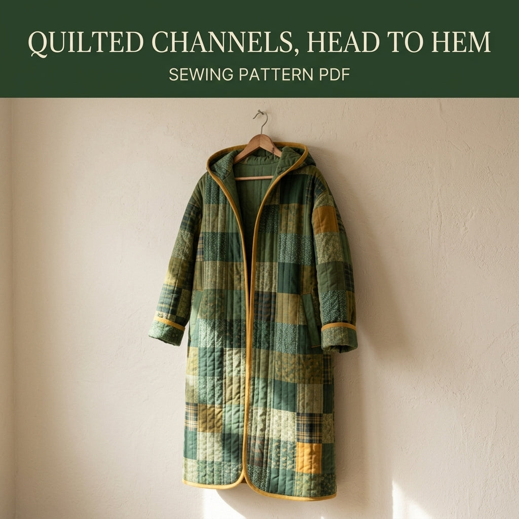 Hooded Quilted Duster Coat Sewing Pattern PDF – Knee-Length Patchwork Quilt Coat with Bias Binding