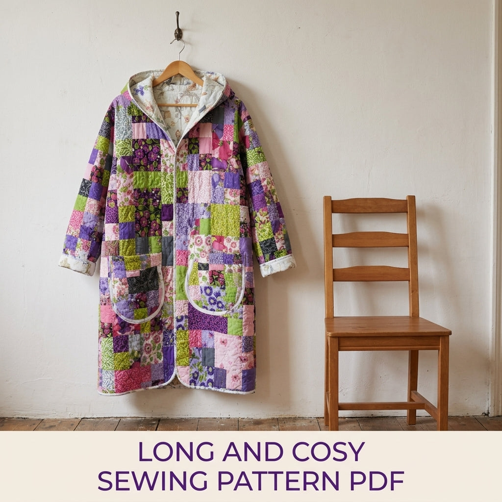 Hooded Patchwork Quilt Coat Sewing Pattern PDF – Long Quilted Coat with Hood