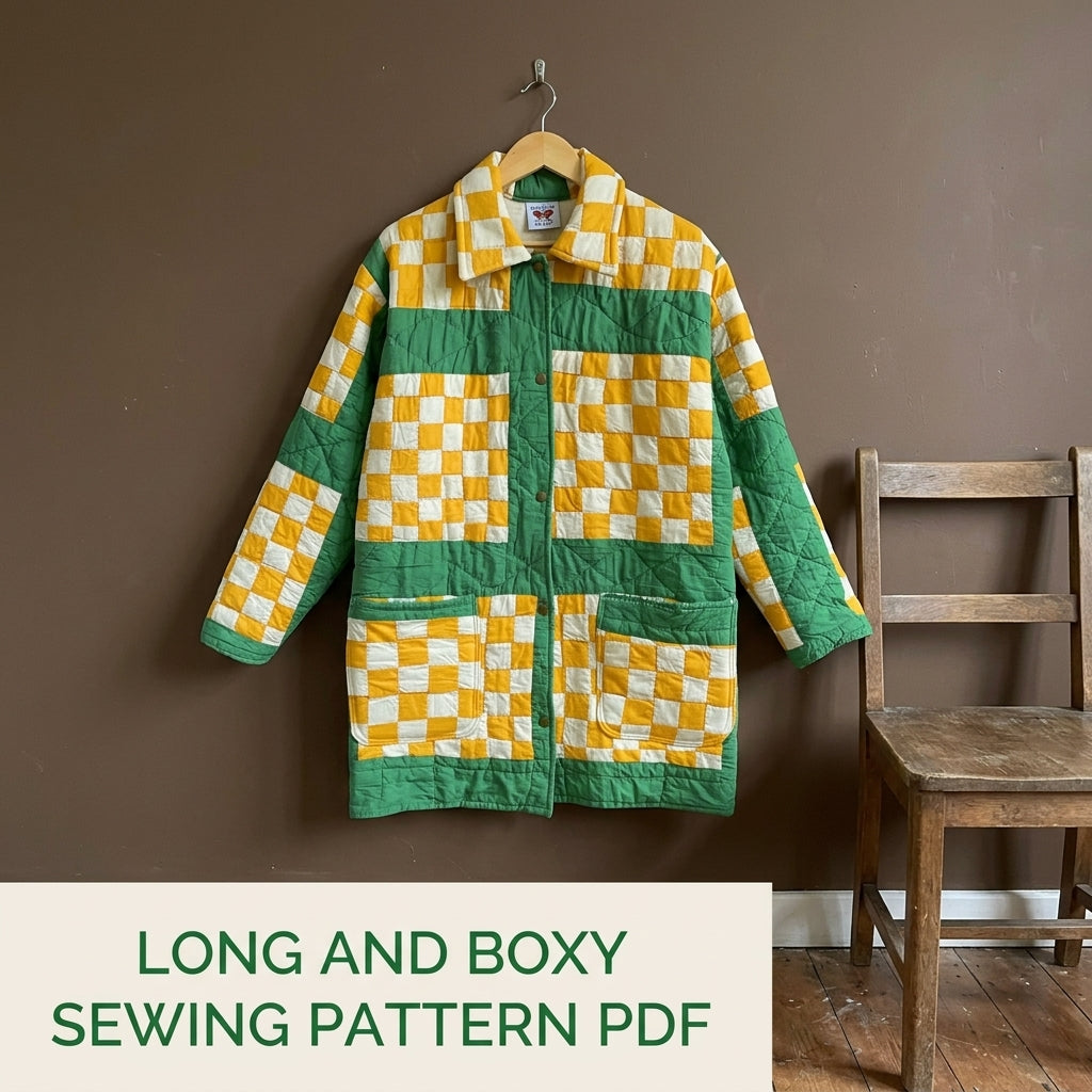 Checkerboard Quilt Chore Coat Sewing Pattern PDF – Long Quilted Coat from a Quilt