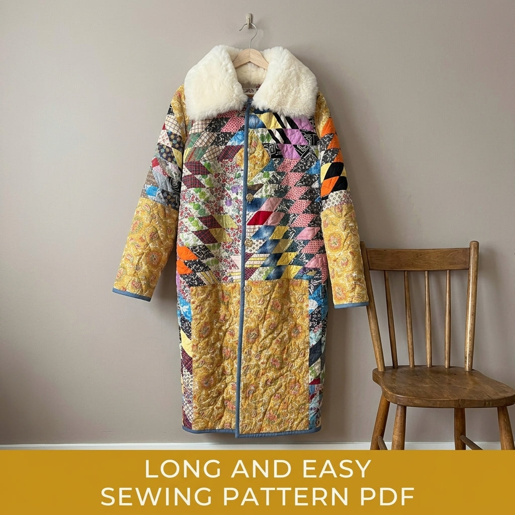 String Diamond Patchwork Long Quilted Coat Sewing Pattern PDF – String Diamond Patchwork Coat with Big Collar