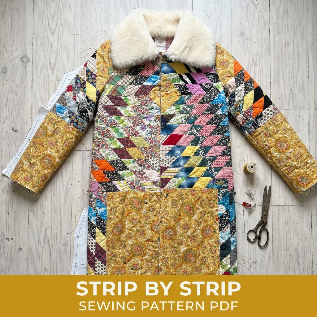 String Diamond Patchwork Long Quilted Coat Sewing Pattern PDF – String Diamond Patchwork Coat with Big Collar