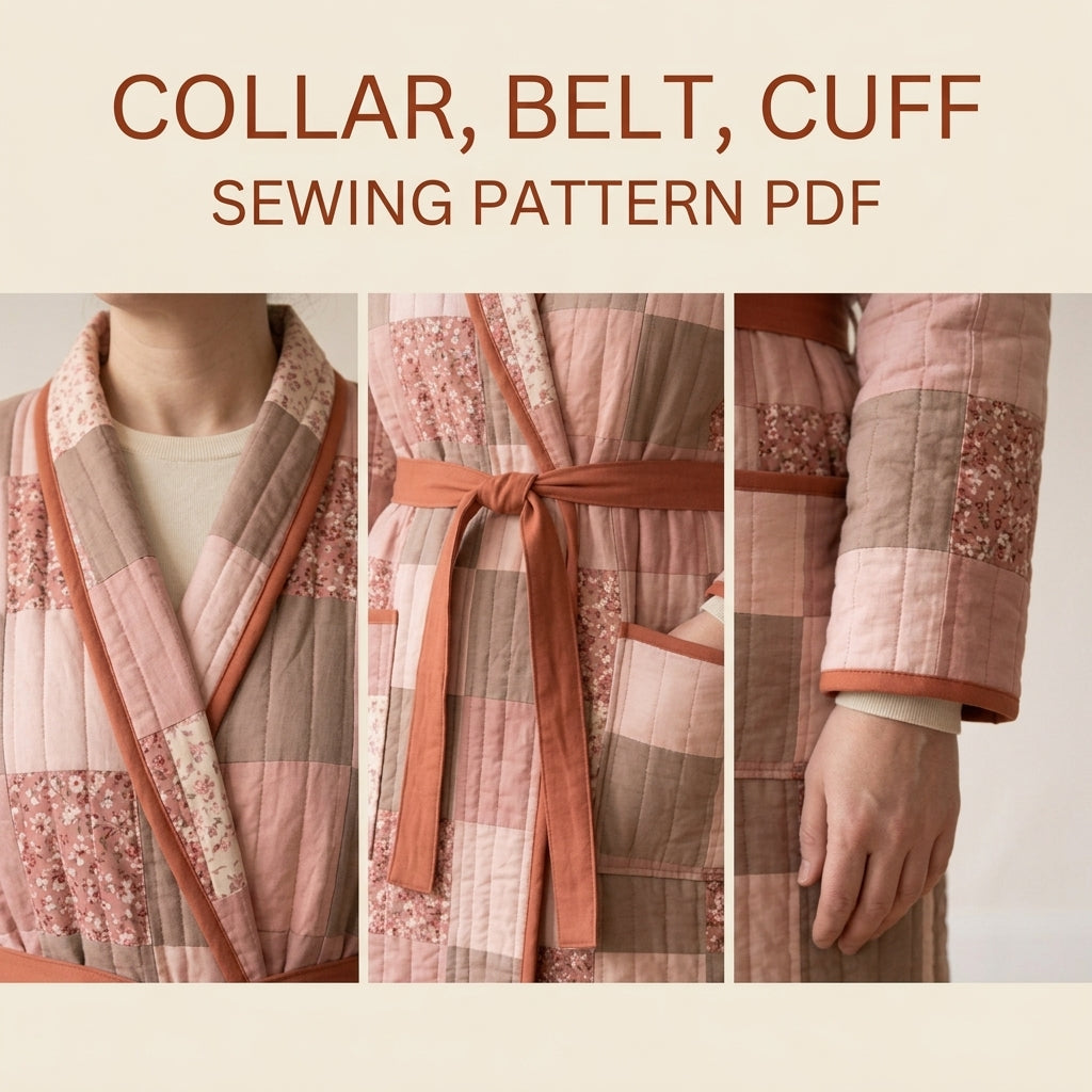 Quilted Robe Sewing Pattern PDF – Patchwork Wrap Robe with Shawl Collar and Pockets