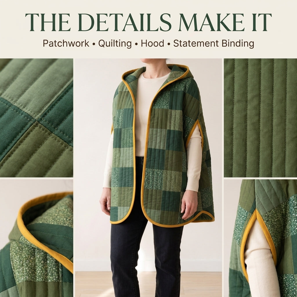 Quilted Cape Sewing Pattern – Hooded Patchwork Cape with Arm Slits