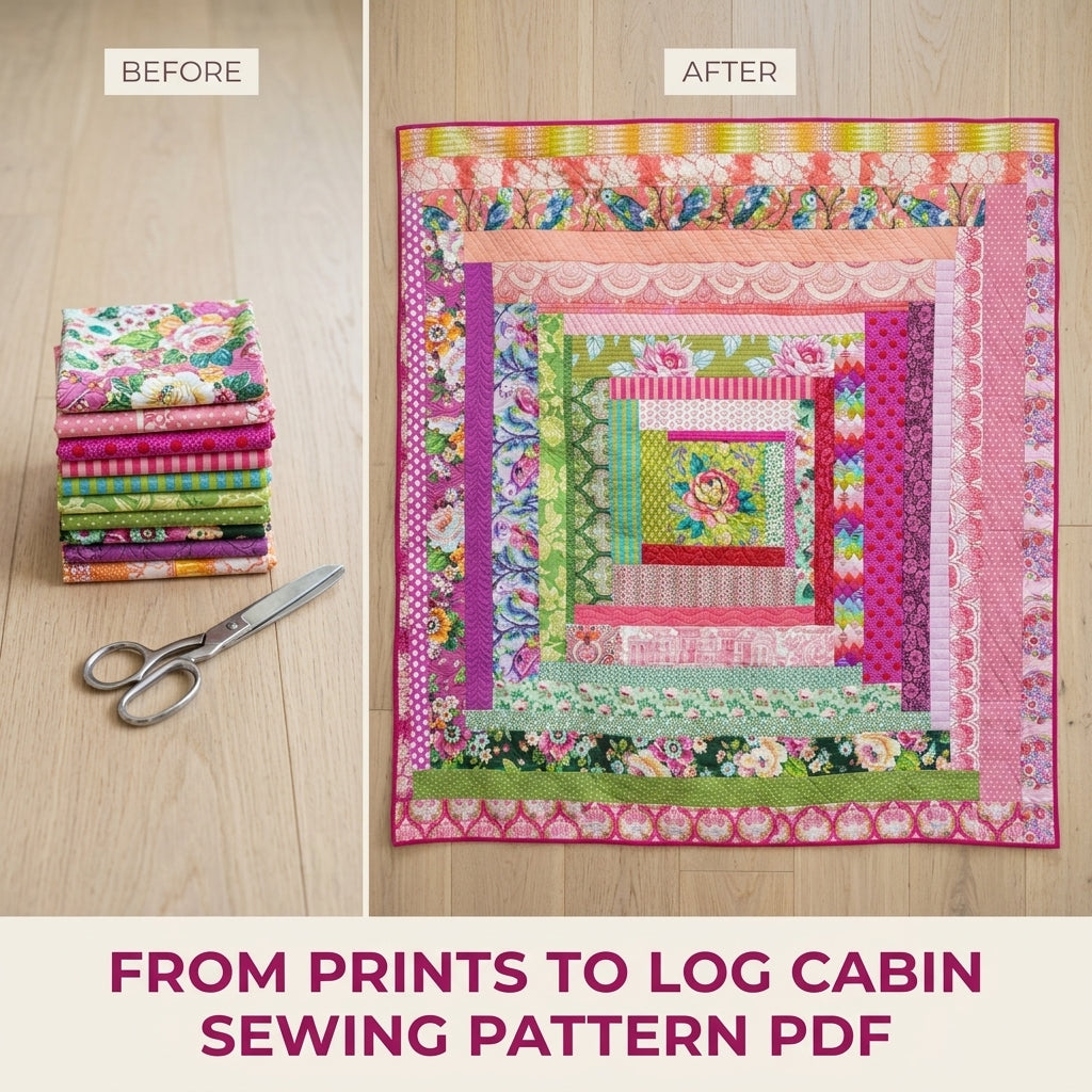 Pink Rose Log Cabin Medallion Quilt Pattern PDF – Big Strip Quilt for Large Prints