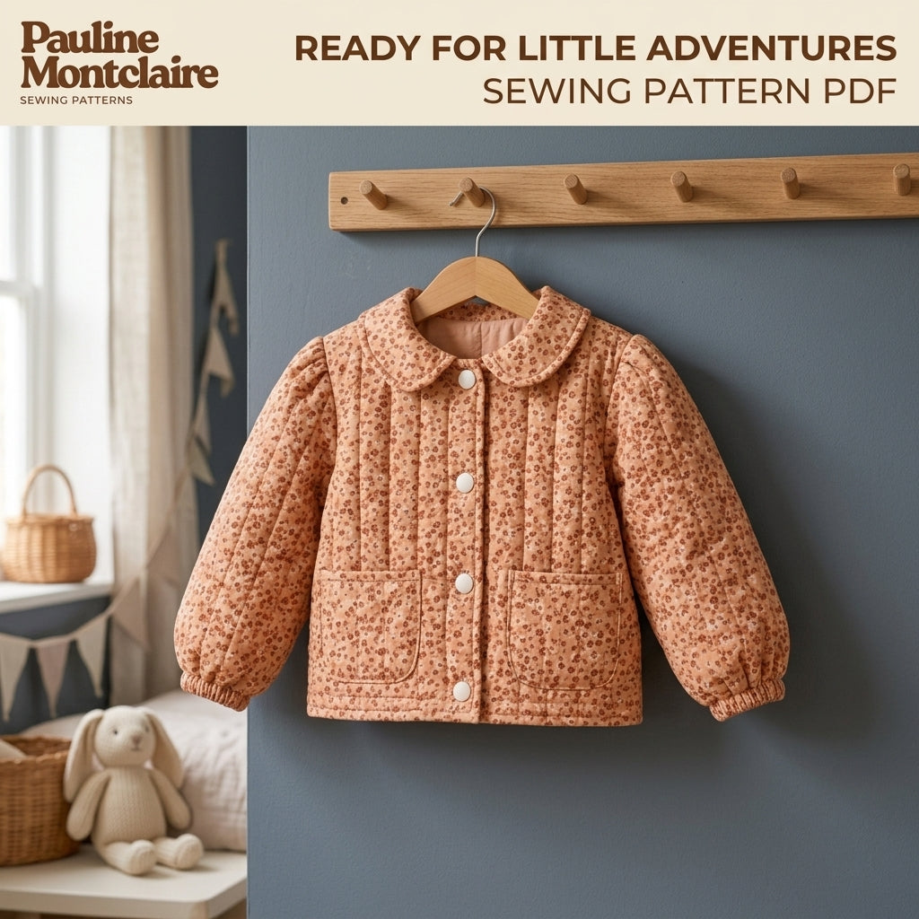 Children's Quilted Collar Jacket Sewing Pattern PDF – Girls' Collar Jacket with Puff Sleeves and Patch Pockets