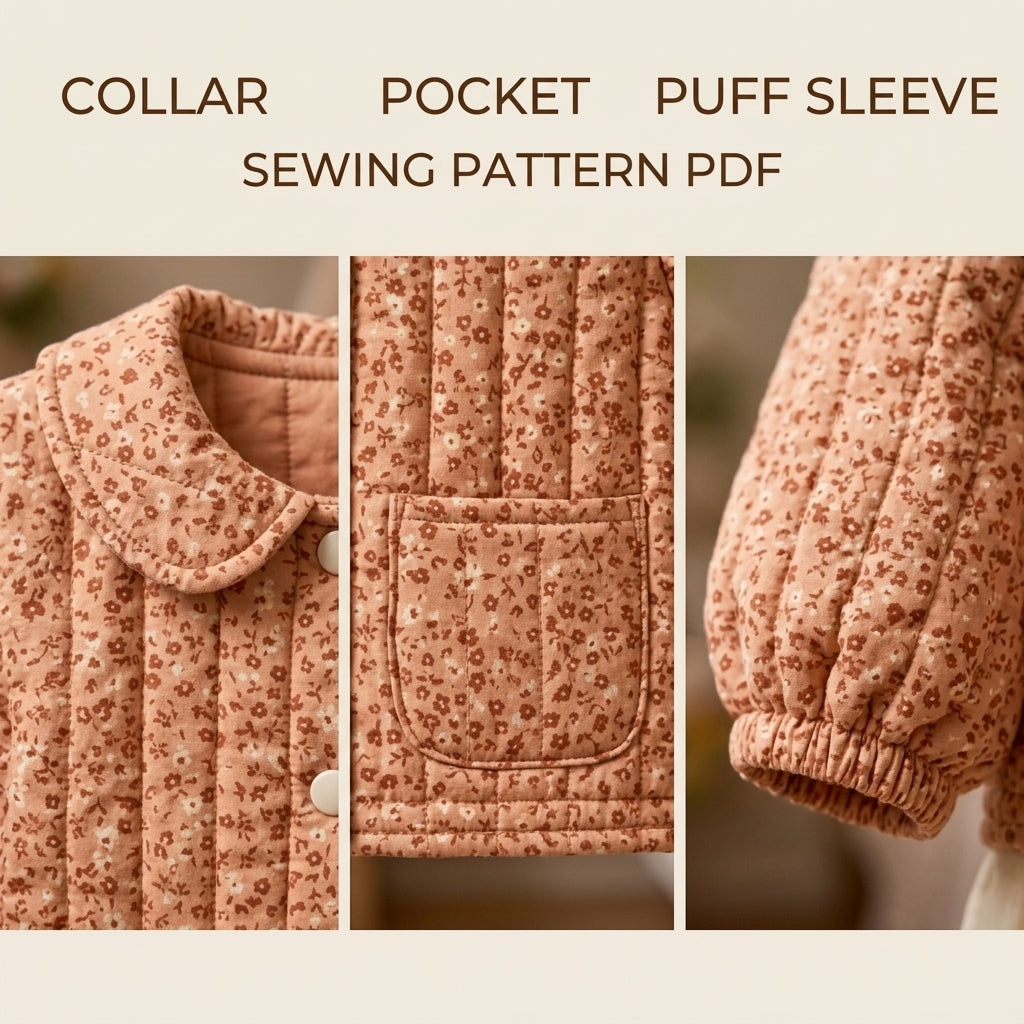 Children's Quilted Collar Jacket Sewing Pattern PDF – Girls' Collar Jacket with Puff Sleeves and Patch Pockets