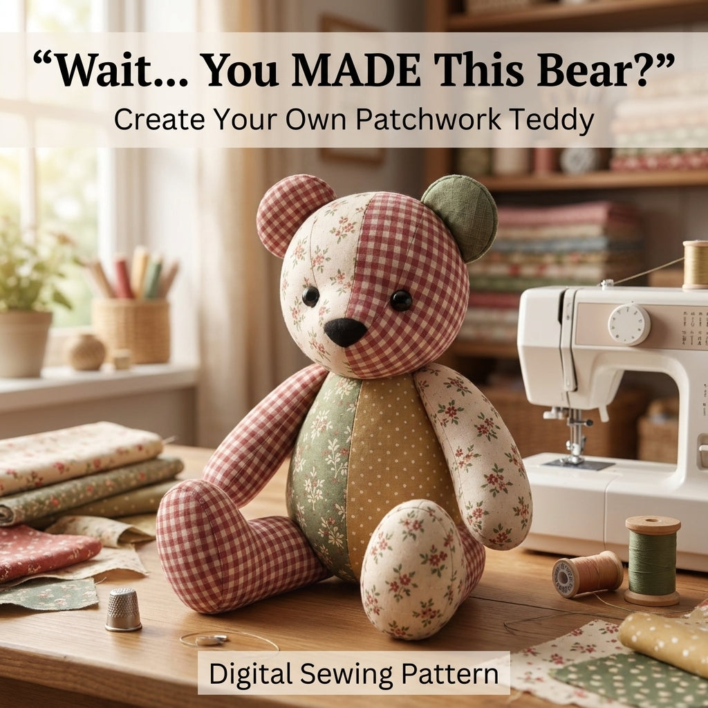 Patchwork Teddy Bear PDF Sewing Pattern | Memory Bear from Keepsake Fabrics | Jointed-Look Sitting Bear | Instant Download
