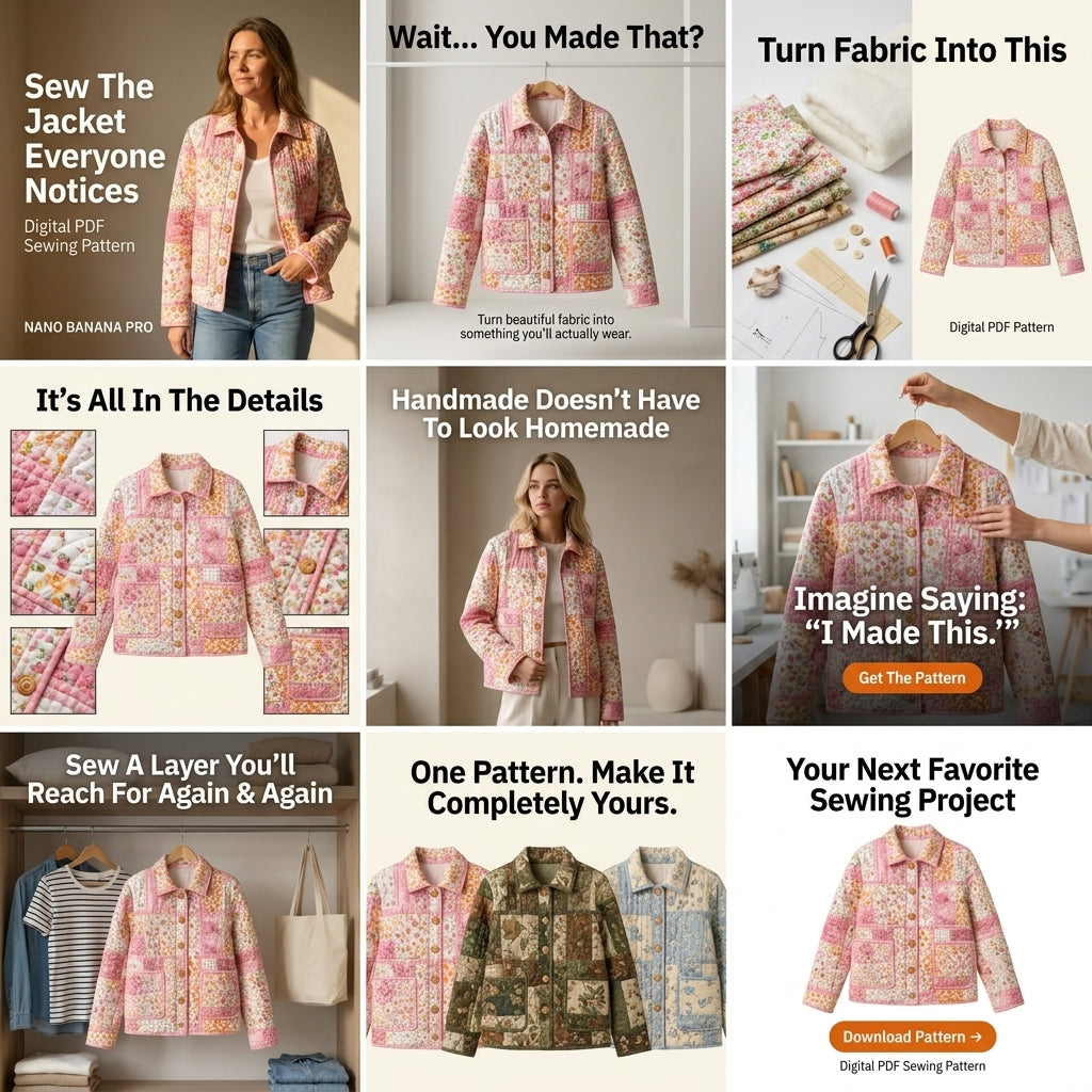 Quilted Patchwork Jacket Sewing Pattern — Oversized Chore Jacket with Collar and Patch Pockets, Sizes XS–3XL, PDF Download