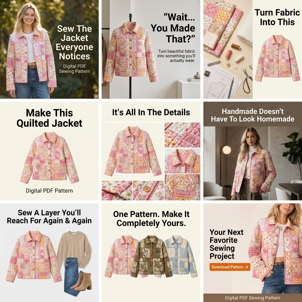 Quilted Patchwork Jacket Sewing Pattern — Oversized Chore Jacket with Collar and Patch Pockets, Sizes XS–3XL, PDF Download