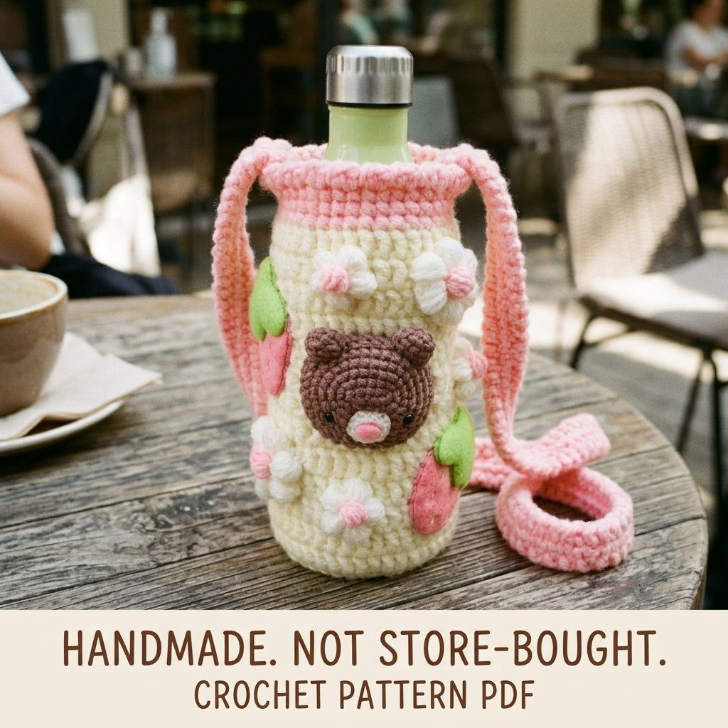 Teddy Bear Bottle Holder Crochet Pattern PDF – Chunky Water Bottle Carrier