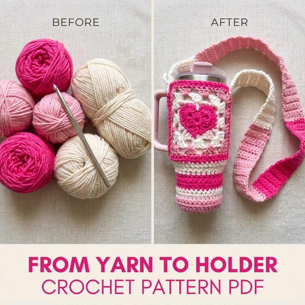 Pink Heart Tumbler Holder Crochet Pattern PDF – Tumbler Carrier with Strap