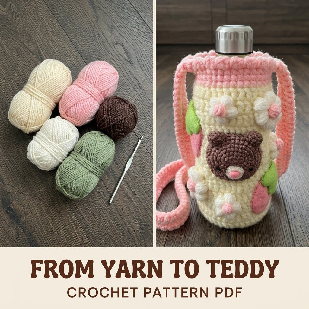 Teddy Bear Bottle Holder Crochet Pattern PDF – Chunky Water Bottle Carrier