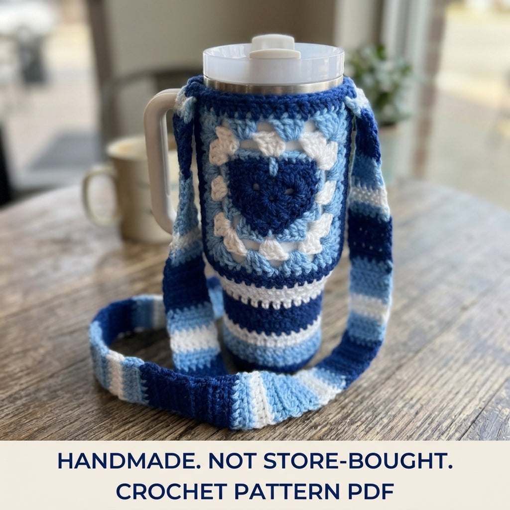 Blue Heart Tumbler Holder Crochet Pattern PDF – Tumbler Carrier with Strap