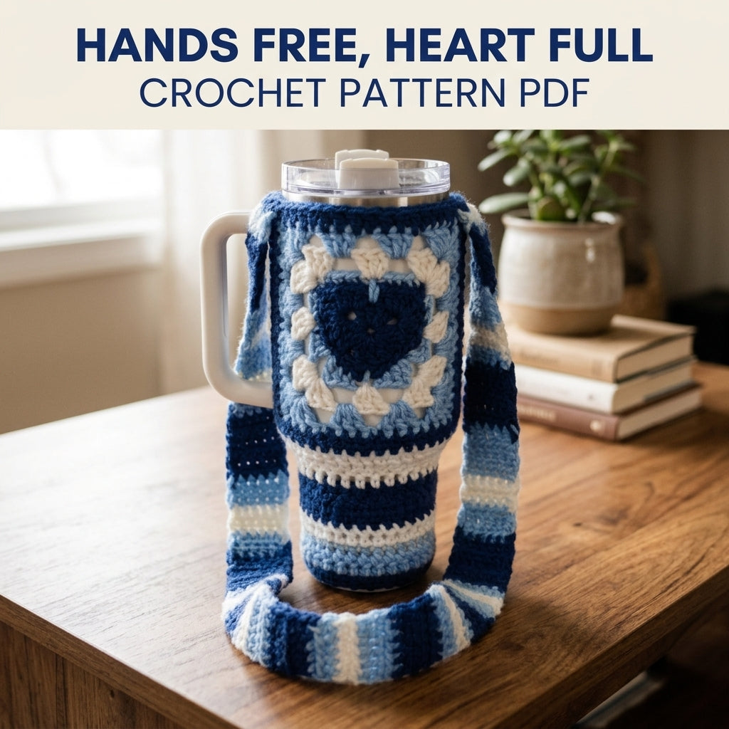 Blue Heart Tumbler Holder Crochet Pattern PDF – Tumbler Carrier with Strap