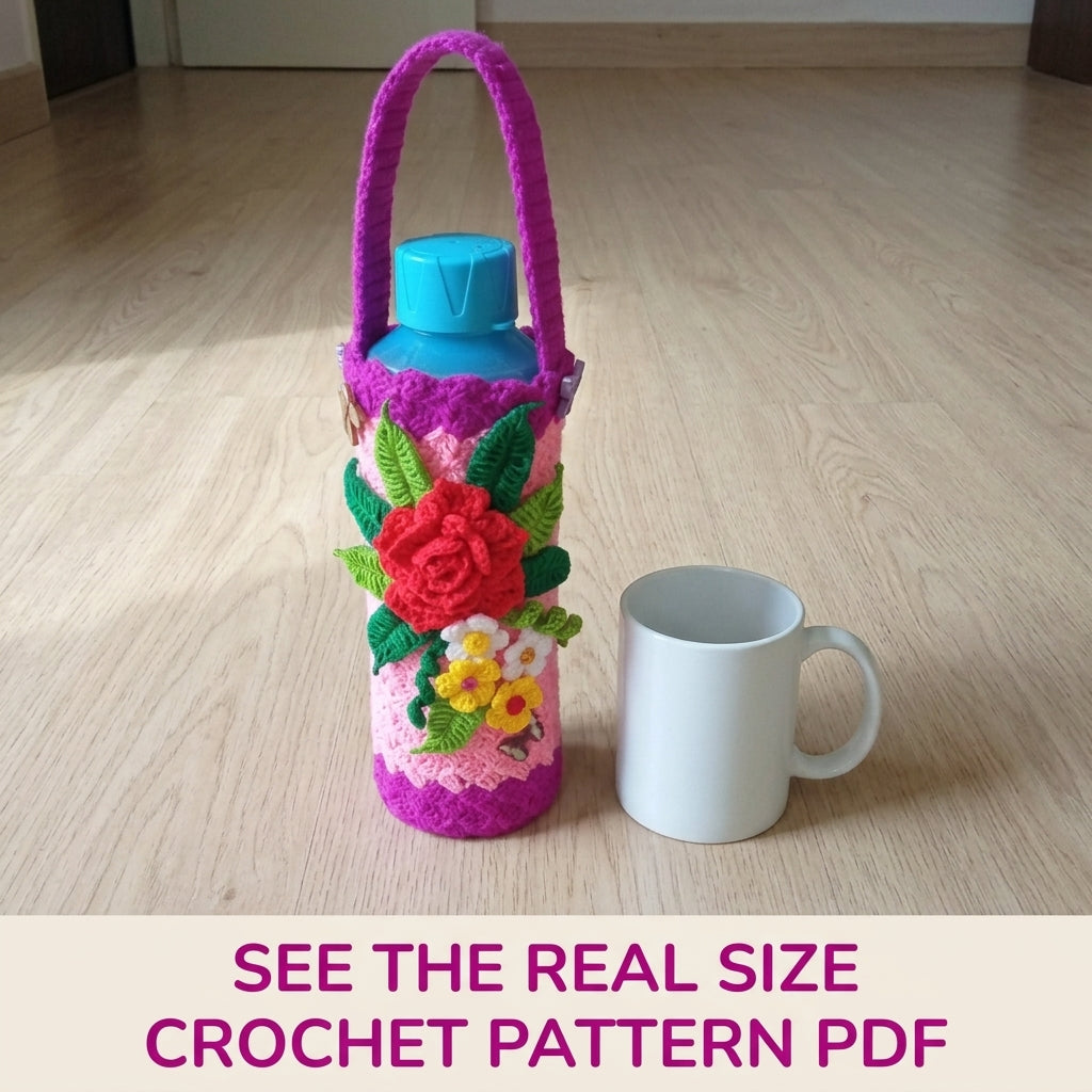 Rose Bouquet Bottle Holder Crochet Pattern PDF – Water Bottle Carrier