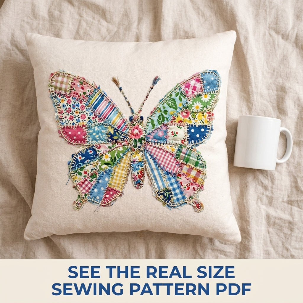Patchwork Butterfly Appliqué Cushion Sewing Pattern PDF – Scrappy Pillow