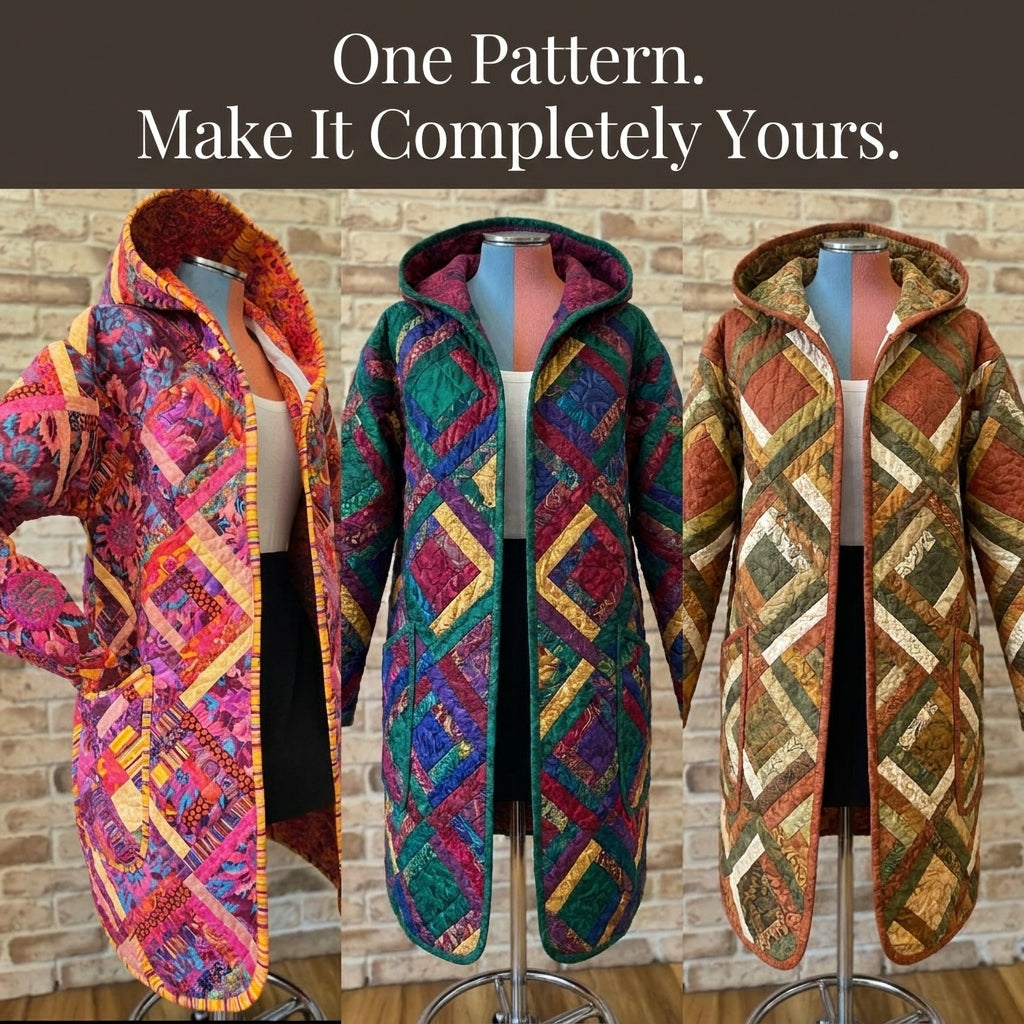 Quilt Coat Sewing Pattern — Longline Hooded Patchwork Coat with Bound Edges, Sizes XS–3XL, A0 and A4 PDF