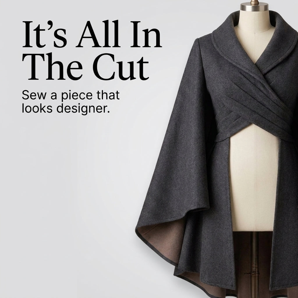Wool Cape Coat Sewing Pattern — Crossover Wrap Bodice with Shawl Collar, Sizes XS–3XL, A0 and A4 Layered PDF