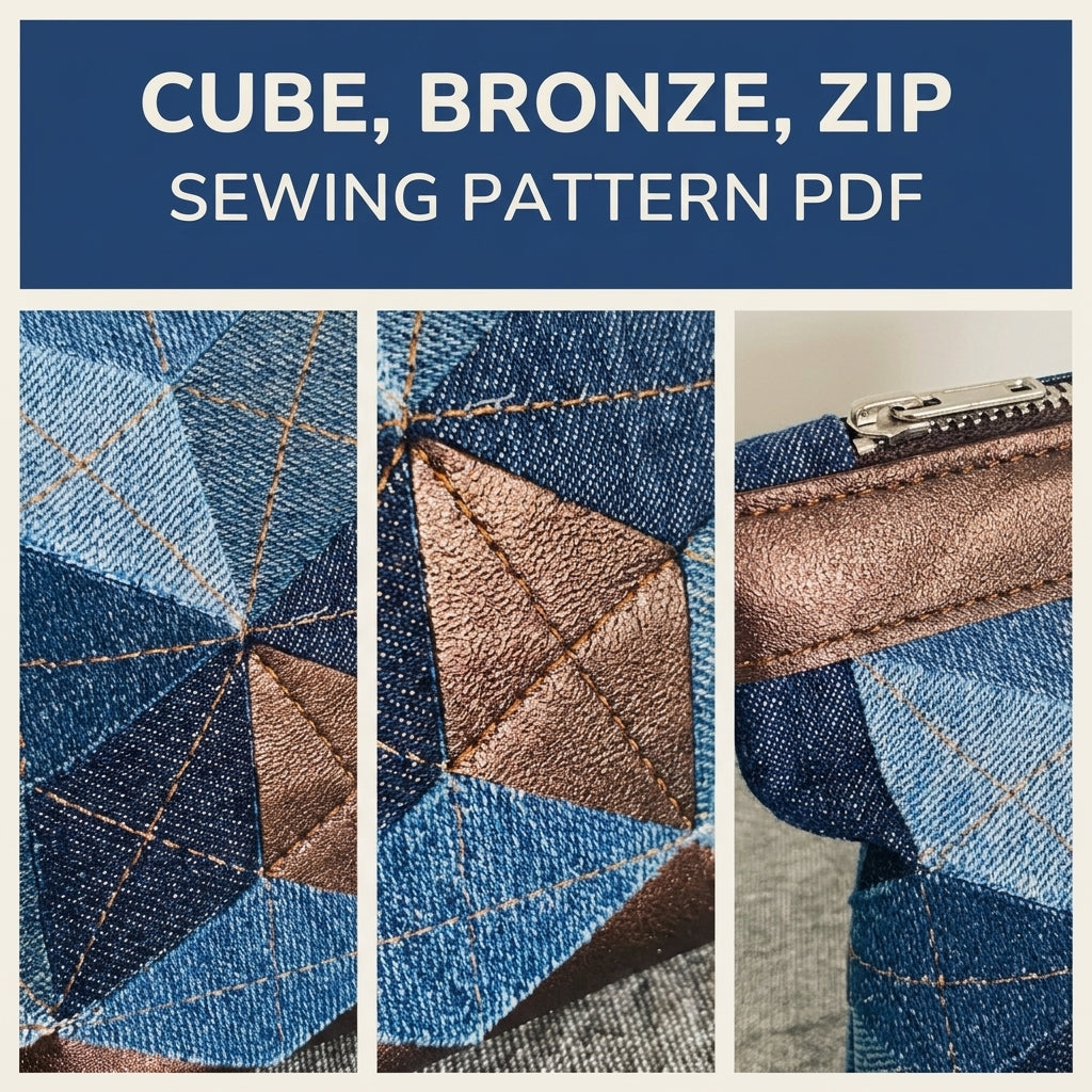 Denim Tumbling Zip Pouch Sewing Pattern PDF – Tumbling Blocks Patchwork Pouch