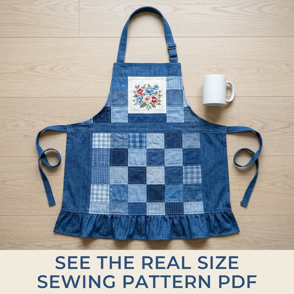 Blue Denim Patchwork Apron Sewing Pattern PDF – Upcycled Jeans Apron