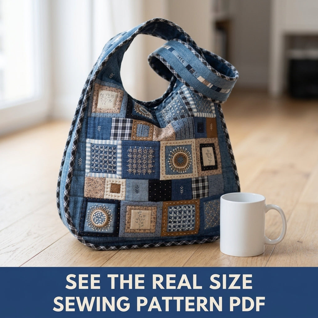 Embroidered Denim Hobo Bag Sewing Pattern PDF – Patchwork Bag with Hand Embroidery