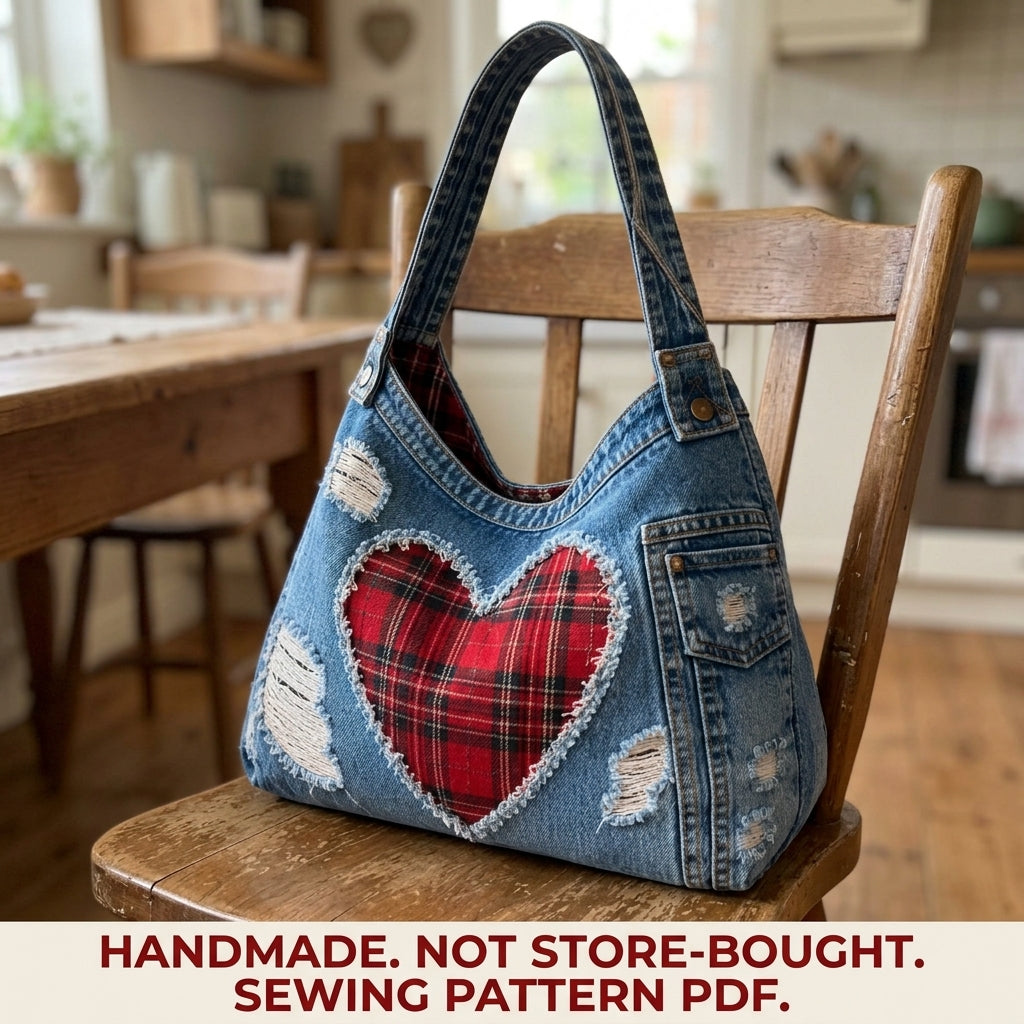 Tartan Heart Denim Hobo Bag Sewing Pattern PDF – Upcycled Jeans Bag with Plaid Heart
