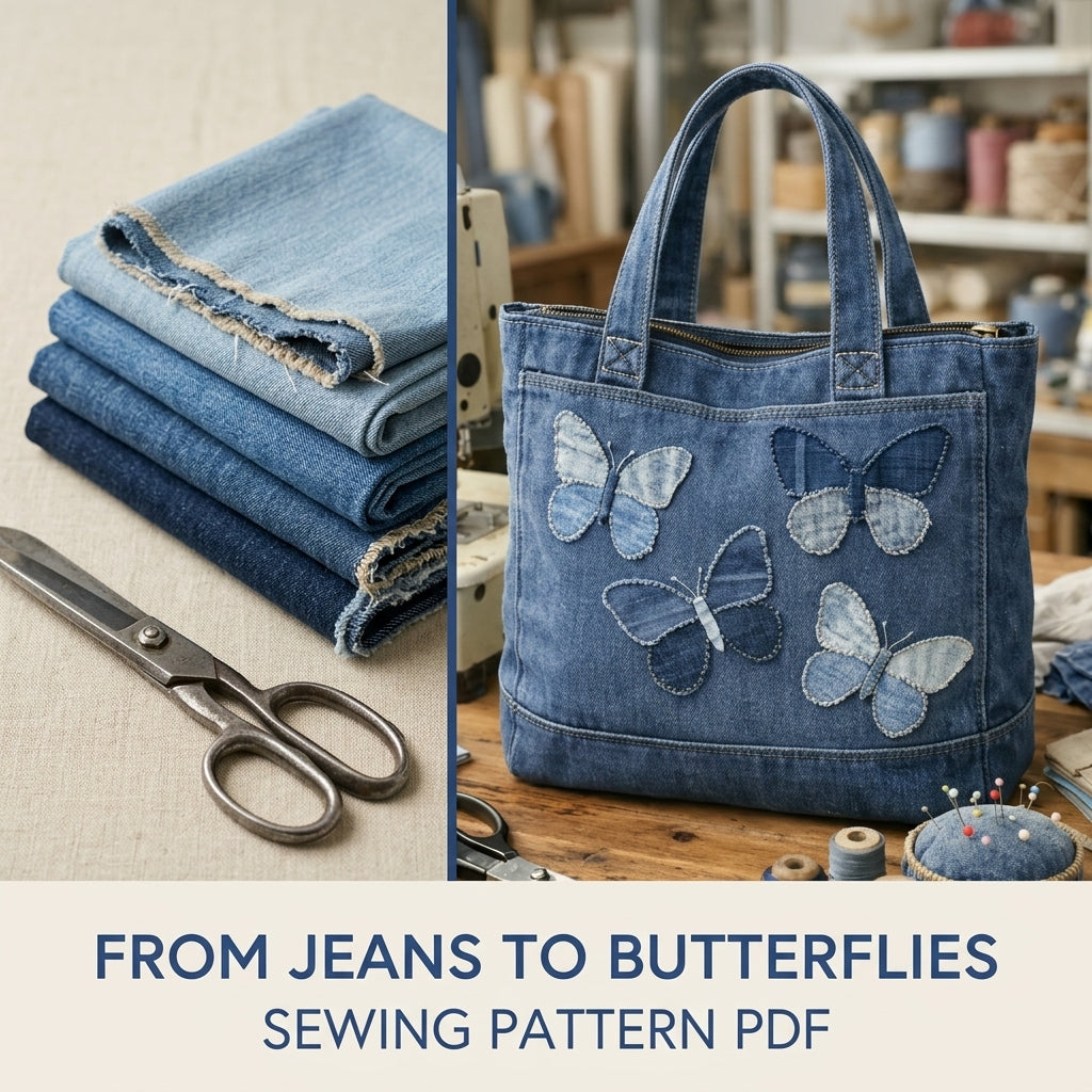 Denim Butterfly Zip Tote Sewing Pattern PDF – Upcycled Jeans Bag with Butterfly Appliqué