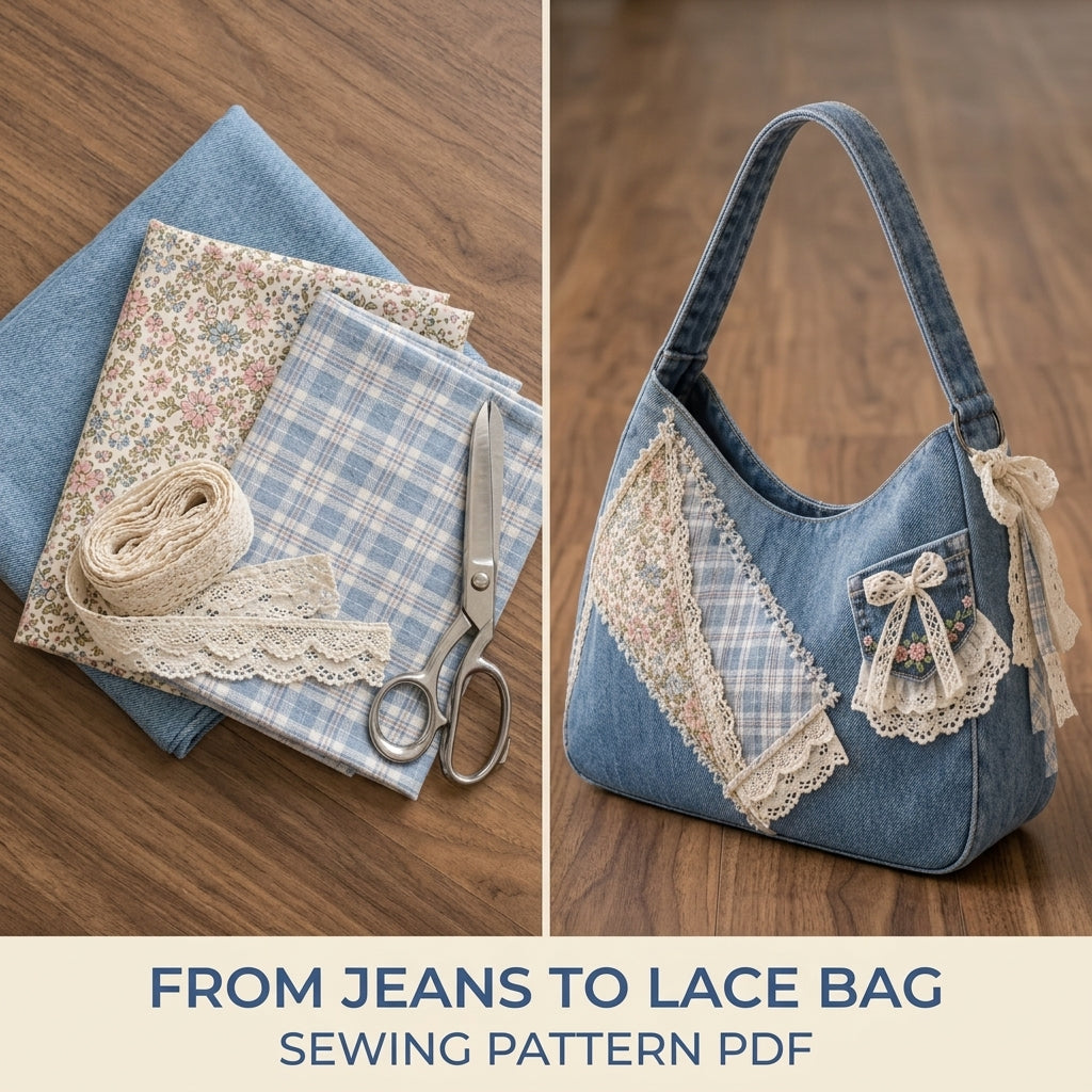 Lace Patchwork Denim Shoulder Bag Sewing Pattern PDF – Upcycled Jeans Bag with Lace