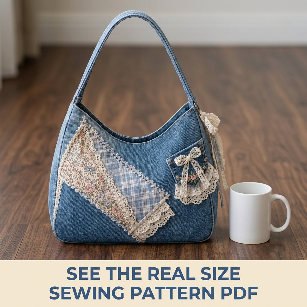 Lace Patchwork Denim Shoulder Bag Sewing Pattern PDF – Upcycled Jeans Bag with Lace