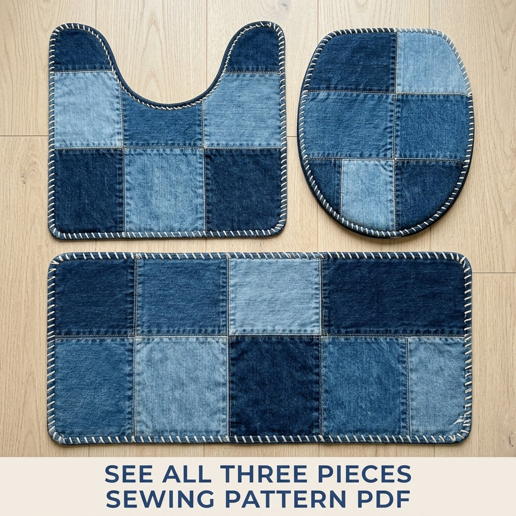 Denim Patchwork Bath Mat Set Sewing Pattern PDF – Upcycled Jeans Bathroom Rugs