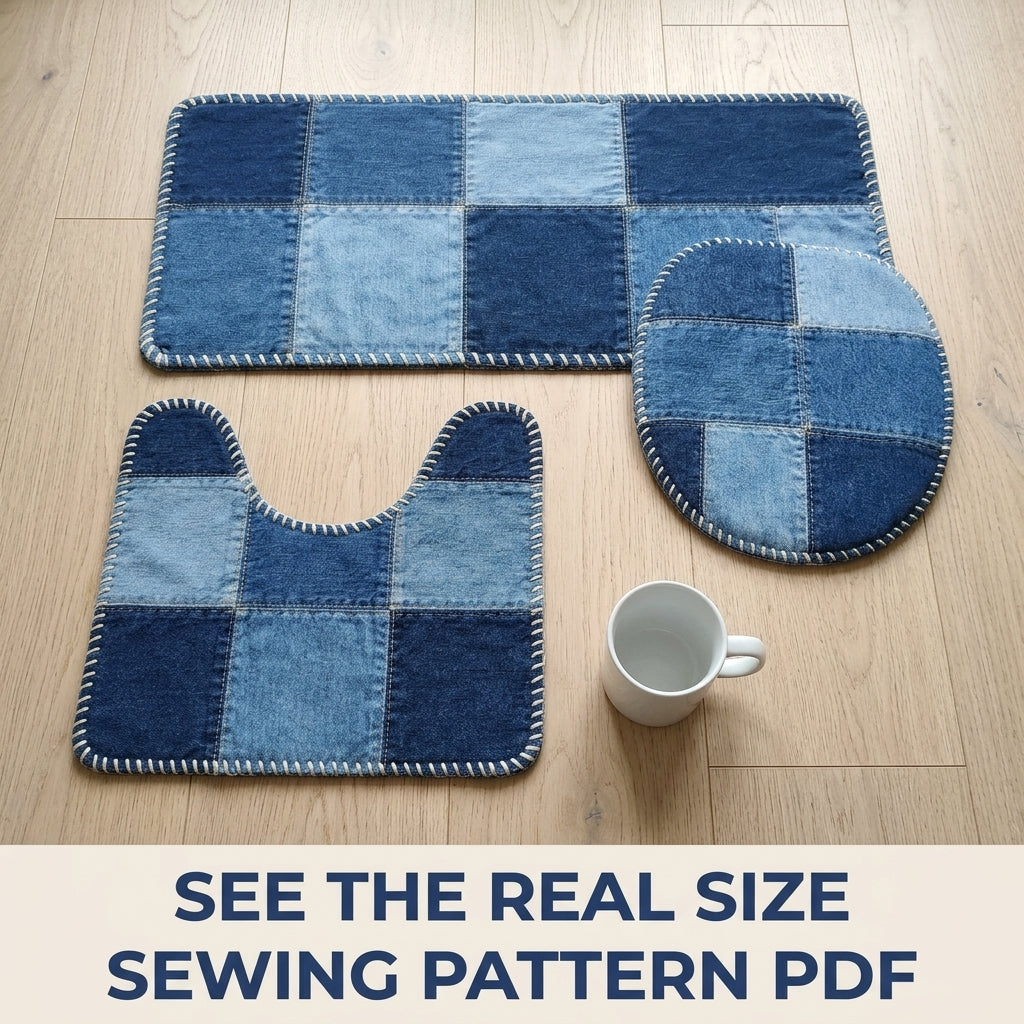 Denim Patchwork Bath Mat Set Sewing Pattern PDF – Upcycled Jeans Bathroom Rugs