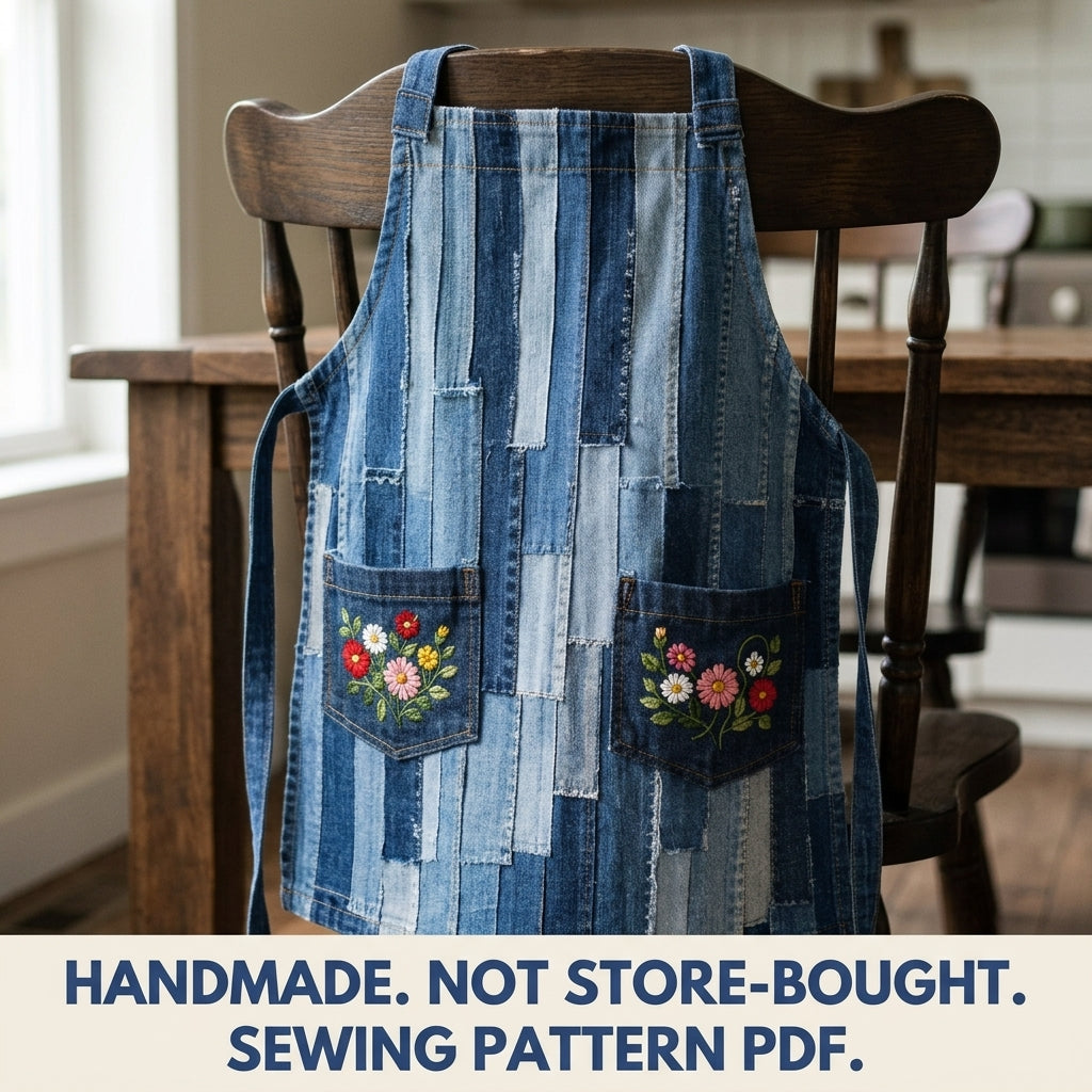 Denim Strip Patchwork Apron Sewing Pattern PDF – Upcycled Jeans Kitchen Apron
