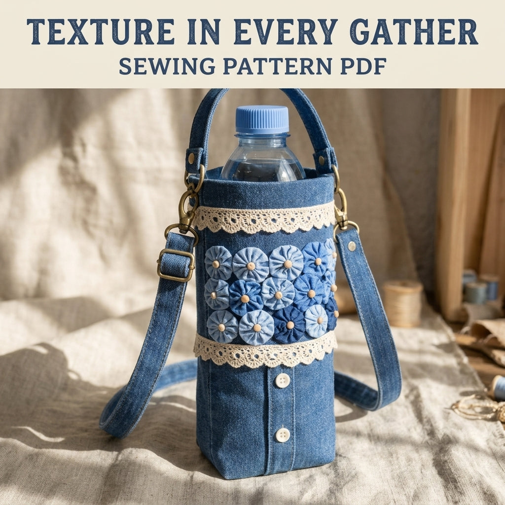 Yo-Yo Flower Denim Bottle Bag Sewing Pattern PDF – Crossbody Water Bottle Holder