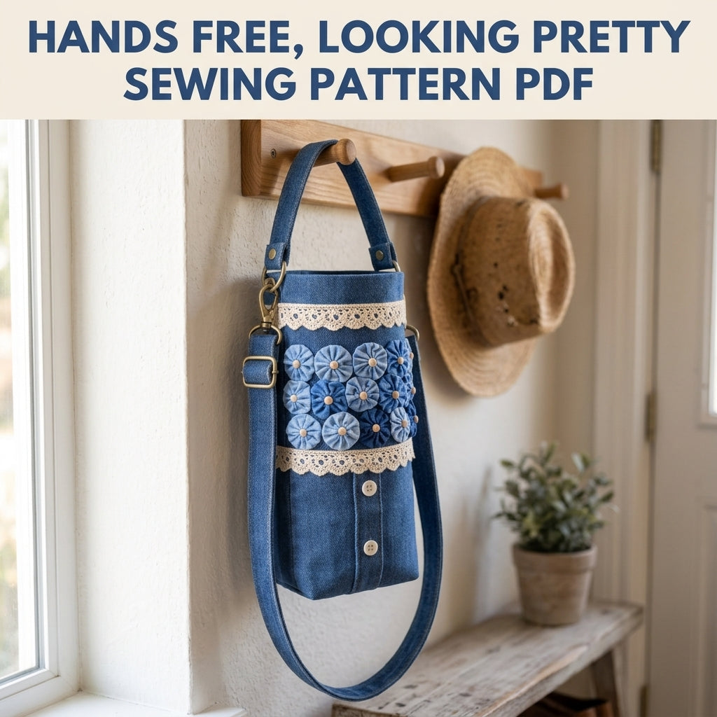 Yo-Yo Flower Denim Bottle Bag Sewing Pattern PDF – Crossbody Water Bottle Holder