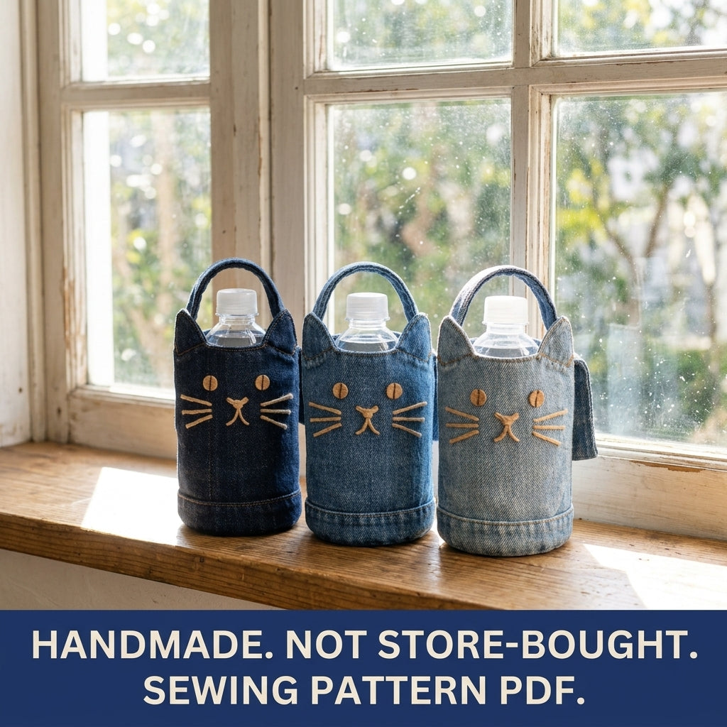 Denim Cat Bottle Bag Sewing Pattern PDF – Upcycled Jeans Water Bottle Holder