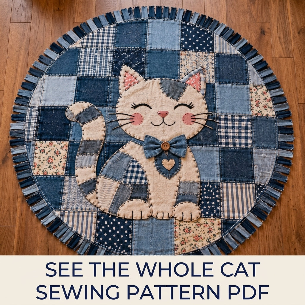 Denim Patchwork Cat Round Rug Sewing Pattern PDF – Upcycled Jeans Cat Rug