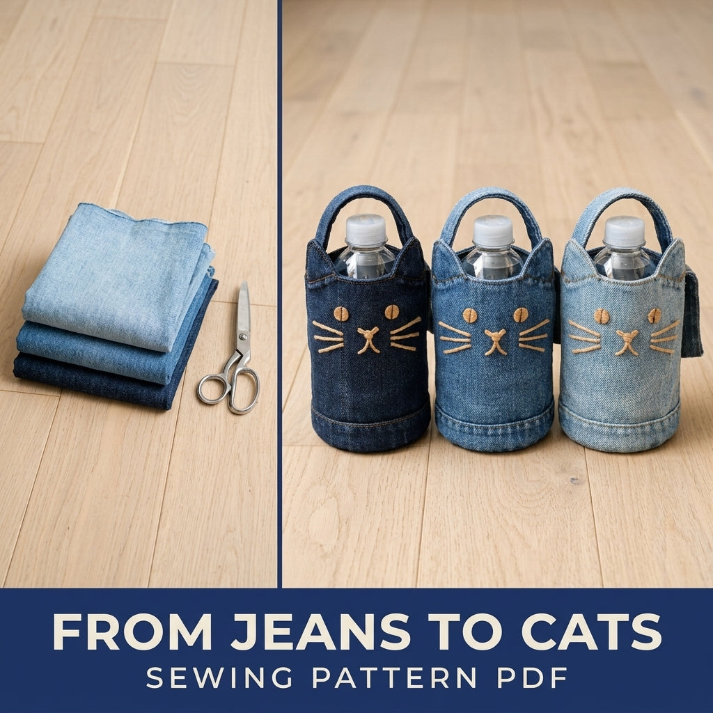 Denim Cat Bottle Bag Sewing Pattern PDF – Upcycled Jeans Water Bottle Holder