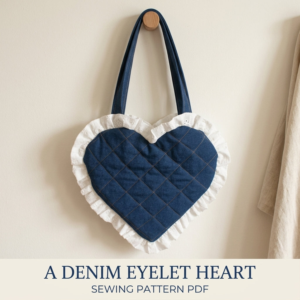 Denim Eyelet Heart Bag Sewing Pattern PDF – Quilted Heart Purse with Lace Ruffle