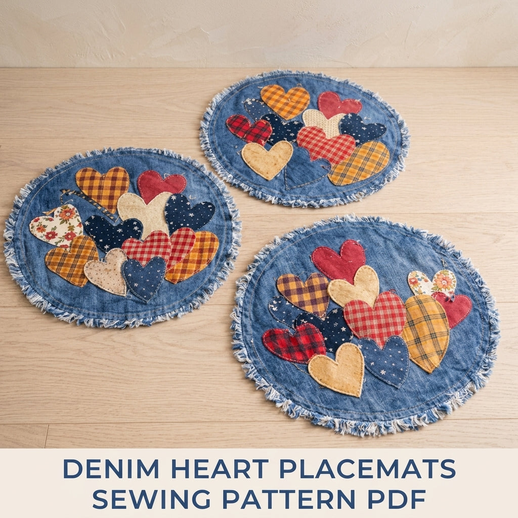 Denim Heart Placemats Sewing Pattern PDF – Upcycled Jeans Table Mats