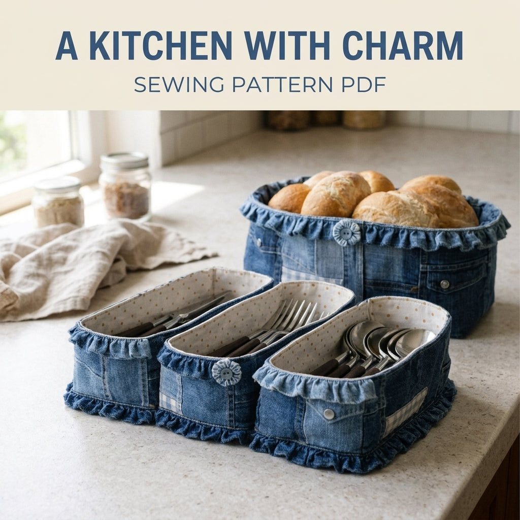 Ruffled Denim Kitchen Basket Set Sewing Pattern PDF – Bread Basket and Cutlery Trays