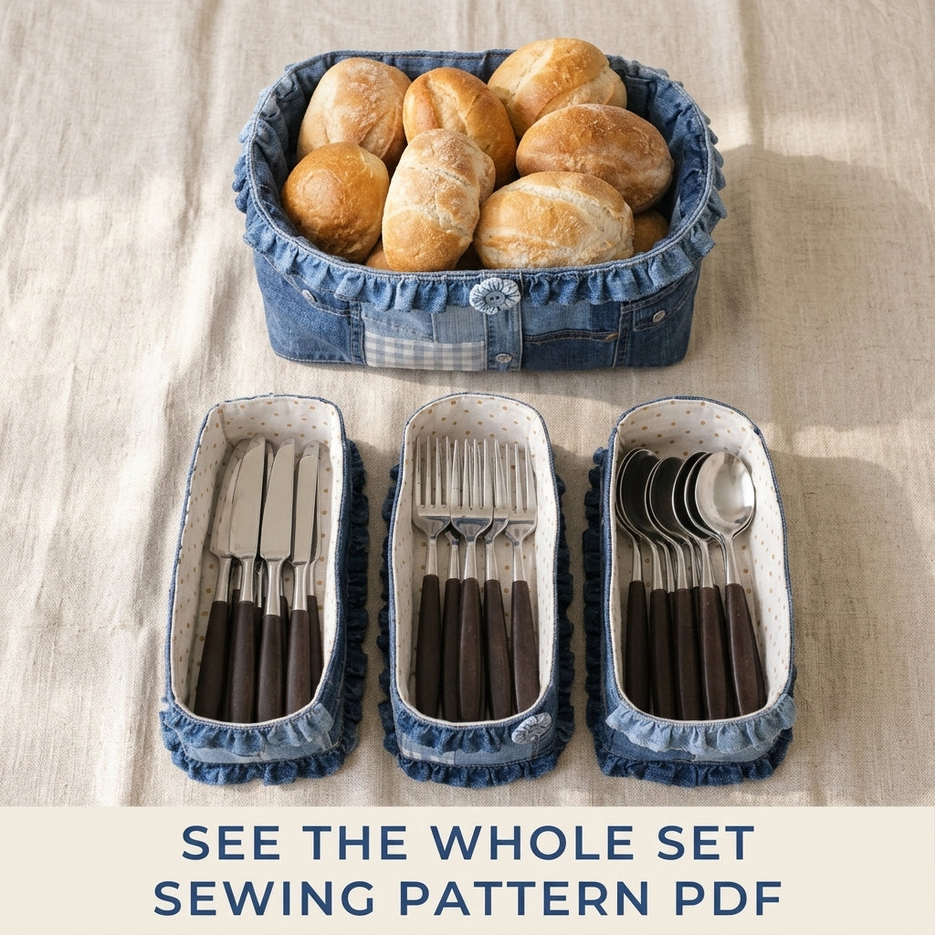 Ruffled Denim Kitchen Basket Set Sewing Pattern PDF – Bread Basket and Cutlery Trays