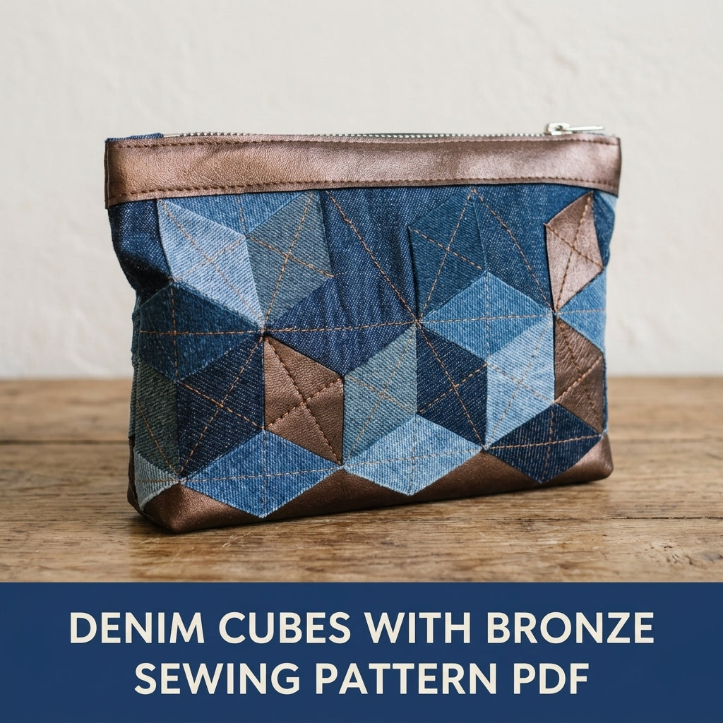 Denim Tumbling Zip Pouch Sewing Pattern PDF – Tumbling Blocks Patchwork Pouch