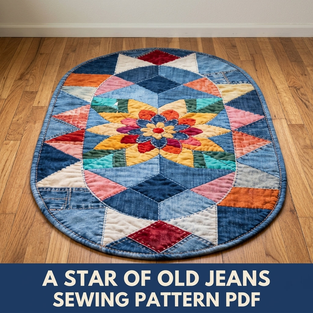 Denim Star Flower Rug Sewing Pattern PDF – Oval Patchwork Rug from Old Jeans