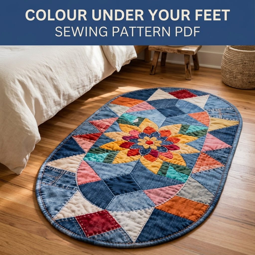 Denim Star Flower Rug Sewing Pattern PDF – Oval Patchwork Rug from Old Jeans
